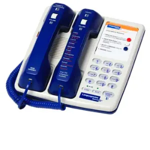 A languageLine dual handset phone, which has a key pad on the right and two corded handsets on the left side of the phone.
